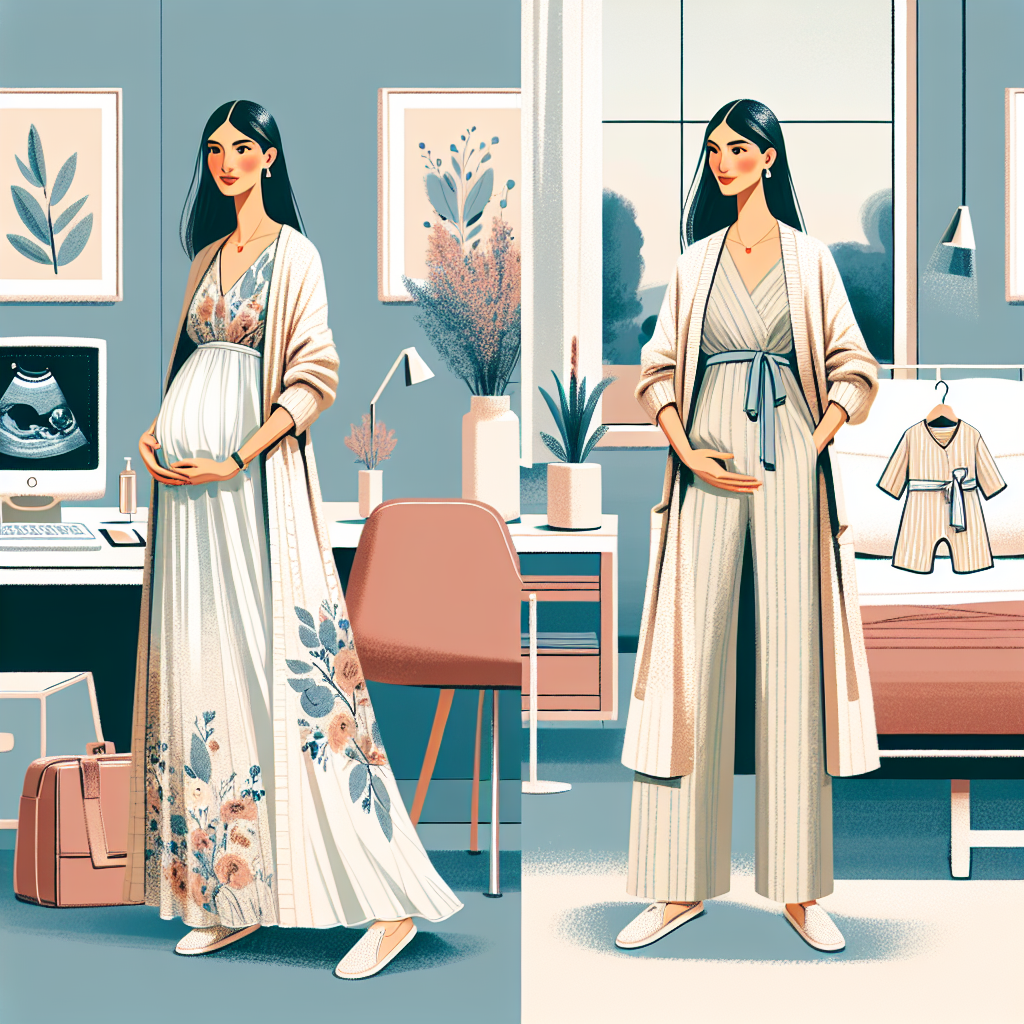 Visualize a fashion inspired scene focusing on maternity style. It should first show a stylish Mother-to-be, of South Asian descent, getting ready for her ultrasound appointment. She is elegantly dressed in comfortable yet chic attire like a soft maxi dress with floral patterns paired with a delicate cardigan. Beside her, there's a laid-out ensemble on the bed: a trendy jumpsuit, soft in material, with a touch of boho style. The environment around her reflects a modern aesthetic, with pastel colors and minimalist decorations. The atmosphere is filled with anticipation and joy.