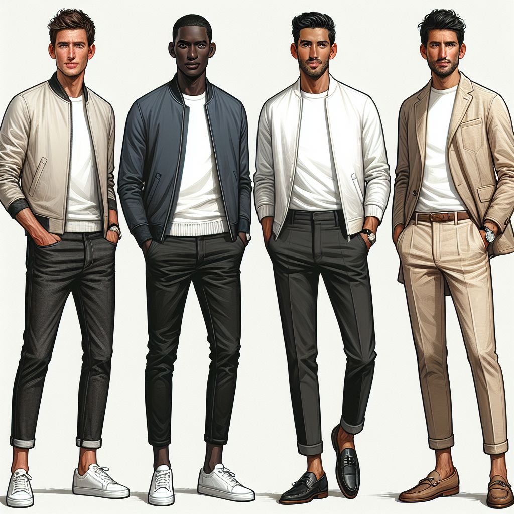 An image featuring three men with diverse descents standing side by side, dressed in casual city fashion. From left to right, the first man is Caucasian with brown hair, the second man is Black with short black hair, and the third man is Middle-Eastern with dark brown hair. Each of them wear a stylish white jacket, paired with different outfit combinations - the first man combines it with dark jeans and white sneakers, the second man with tailored black pants and dress shoes, and the third man with beige chinos and brown loafers. They all display unique styles, indicating versatility and effortless style.