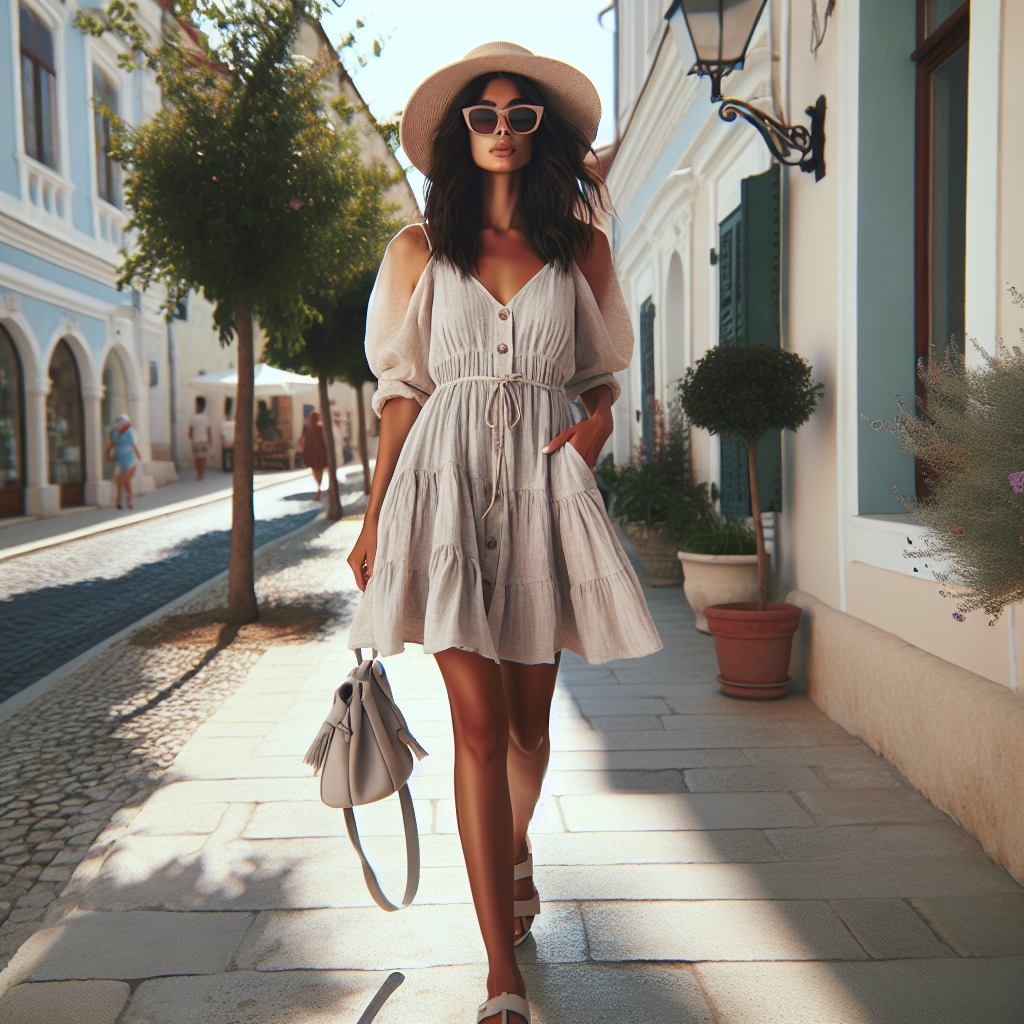 What to Wear on a Hot Day Women: Effortless Chic! Imagine a scene capturing summer fashion for a hot day. A fashionable woman of Middle-Eastern descent is strolling down a picturesque sidewalk. She's wearing a light, breezy sundress in a soft pastel colour, with relaxed-fit, airy fabrics that suggest an effortless chic vibe. She's accessorised with stylish but functional elements like a wide-brimmed sun hat, oversized sunglasses, and a crossbody bag. Her comfortable yet chic sandals are ideal for the warm weather. The scene exudes a carefree summer day, embodying the perfect blend of comfort and style.