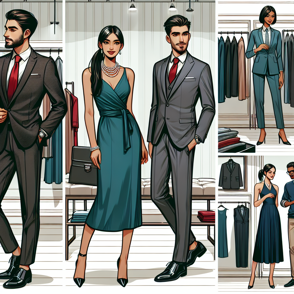 Must-Have Outfits for a Stunning Work Party Look Visualize a well-lit clothing retail store with a variety of formal and semi-formal work party outfits on display. Middle-Eastern man in a sleek charcoal grey suit, crisp white shirt, and vibrant red tie. A South Asian woman in an elegant, knee-length teal dress accessorized with a pearl necklace and matching earrings. A Caucasian woman seen trying on a chic black jumpsuit paired with sophisticated high-heeled shoes. Finally, an African man checking out a smart-casual look made up of a navy blazer, crisp white shirt, and a pair of khaki chinos.