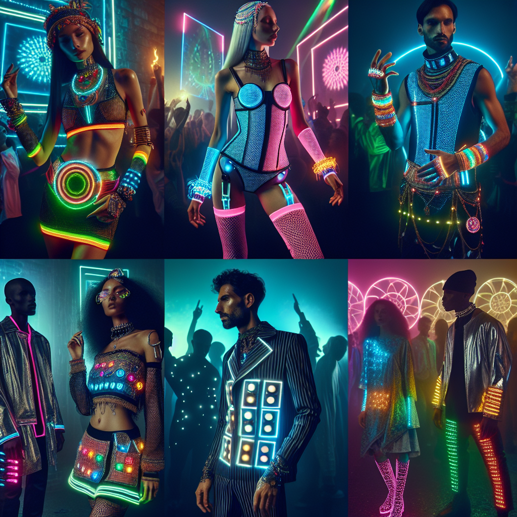 Techno Party Outfits: Exclusive, Effortless Styles Visualize a lively and color-filled scene of a techno party, focusing on various creative and standout outfits. Picture a Caucasian female with neon accents in her outfit and glow accessories. Beside her, imagine a Middle-Eastern male dressed in futuristic metallic clothes reflecting colorful lights back. Close by, a South Asian female displays a mix of traditional clothing elements and techno-inspired accessories. Lastly, envision a Black male rocking an outfit with LED elements, casting rhythmic sequences of light around. Evoking an atmosphere of an electrifying techno rave night, these outfits represent exclusive and effortless styles.