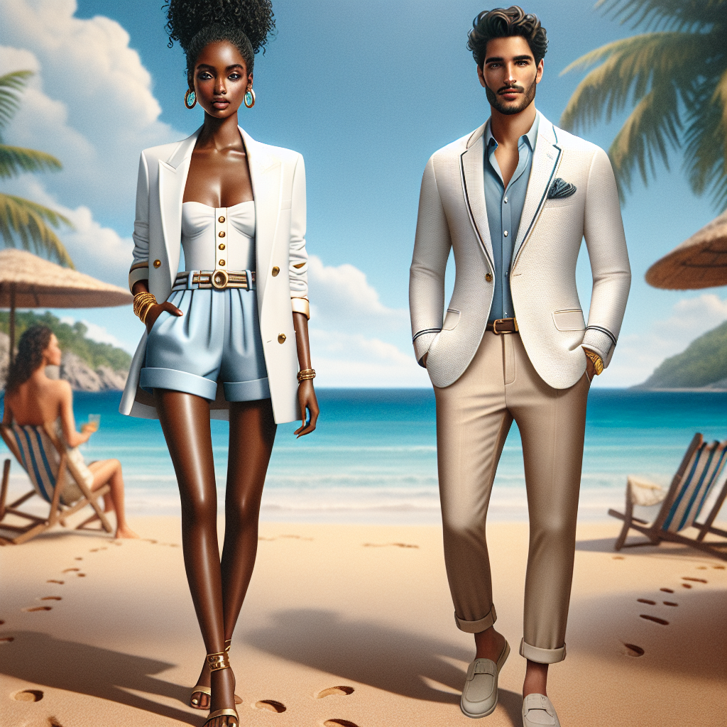Imagine a fashion-forward scene at a lively beach setting. At the heart of this scenery, stands two individuals. A Black woman with curly hair tied up in an elegant bun, dons a luxury white blazer with gold button detailing, paired with chic pastel blue shorts. She has styled it with trendy gold accessories. A few steps away, a South Asian man proudly sports a sleek white blazer with small navy stripes. Underneath he wears a lightly colored linen shirt paired with comfortable beige chinos. The backdrop is a serene beach with footprints in the sand and the azure sea stretches till the horizon.