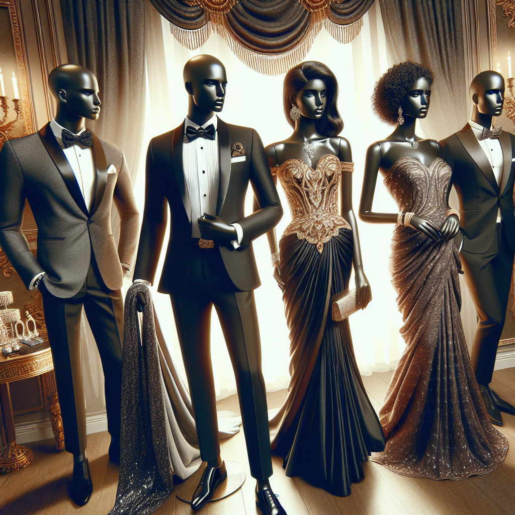 Stunning Formal Wedding Attire Guide: Dress to Impress For an article titled 'Stunning Formal Wedding Attire Guide: Dress to Impress', show an ensemble of beautifully fitted formal attire for a wedding. Depict a selection of attires suitable for a wedding ceremony, including a well-tailored black tuxedo on a Middle-Eastern man, a stylish evening gown on an African woman, a sophisticated saree on a South-Asian woman, and a sleek two-button suit on a White man. Display these outfits on mannequins in a luxurious boutique setting. Make sure to include key details—silk ties, cufflinks, sequined clutches, or elaborately decorated hair accessories—in the image to reflect the article's attention to detail and style.