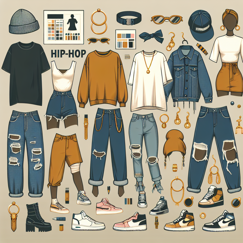 Create a collage showcasing a variety of stylish and effortless outfits perfect for a hip-hop concert. Include items such as ripped jeans, chunky sneakers, statement accessories, and oversized t-shirts. These pieces should express individuality and be practical for a lively event. Parameters include varying skin tones and genders to showcase diversity. Remember to incorporate some iconic elements of hip-hop culture in the designs.