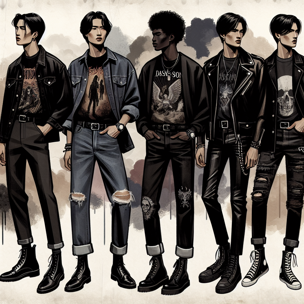 Illustrate a comprehensive men's style guide for attending rock concerts that features various looks. The first look should depict an East Asian man in dark denim jeans, a classic band t-shirt, and a leather jacket. The second should show a Black man with a grunge-inspired outfit highlighting a flannel shirt, distressed jeans, and combat boots. The third look should represent a Middle-Eastern man wearing a black graphic tee, black leather pants, and high-top sneakers. The last look should feature a Caucasian man in a moto jacket, skinny jeans, and vintage rock band tee. Each man should embody the rock concert atmosphere and be set against an abstract background of muted, moody colors.
