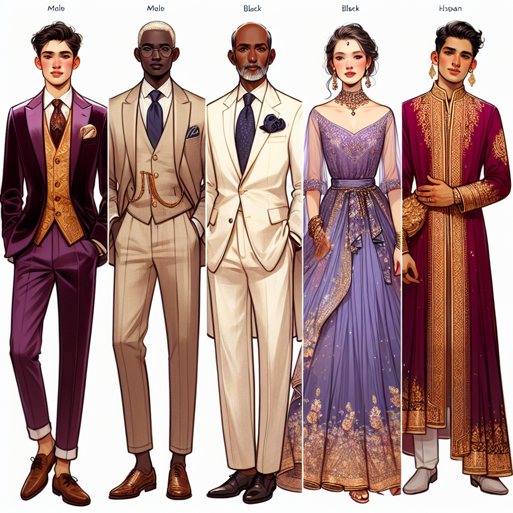 Stunning Quinceanera Guest Outfits You Must See! Visualize a series of six stunning guest outfits for a Quinceañera. The first three are designed for male guests: a young Caucasian man in a maroon velvet suit, an elderly Black gentleman in a cream linen suit with a silk pocket square, and a middle-aged Hispanic man in a navy blue blazer with chinos. The next half features outfits for female guests: a middle-aged South Asian woman in a lavender sari with golden embroidery, a young white woman in a sapphire blue cocktail dress, and an elderly Middle-Eastern woman in a ruby red kaftan adorned with intricate beading. Reflect traditional elegance through these diverse outfits.