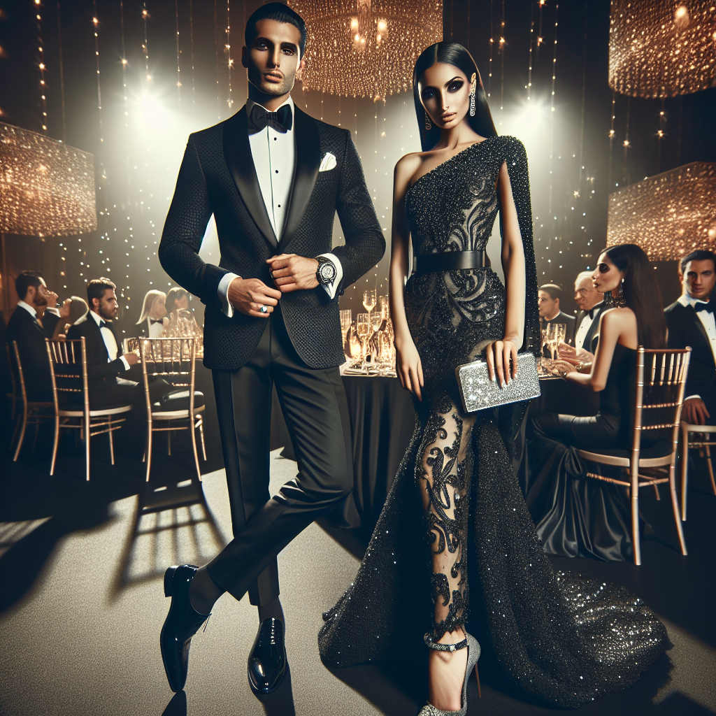 Envision a luxurious evening event setting where guests sport their best black tie attire. Highlight two individuals, a South Asian man in a finely tailored jet black tuxedo with a white shirt and a shiny black bowtie, and a Middle-Eastern woman donned in an awe-inspiring black gown with intricate silver detailing. The man also wears a sophisticated watch and polished black shoes, while the woman carries a glittering silver clutch, wearing high-heeled shoes to match. Around the room, the atmosphere sparkles with elegance as snippets of conversation and the clinking of champagne glasses fill the air.