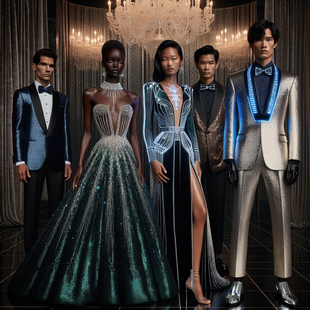 An extravagant evening setting showcasing a diverse array of gala outfits from the future year of 2025. Include a black woman gracefully draped in a shimmering emerald ball gown with a plunging neckline and a cascade of diamonds encircling her neck. Beside her, a South-Asian man models a finely tailored, futuristic tuxedo in midnight blue boasting sharp edges and sleek digital detailing. Across from him, a Caucasian woman stands elegantly in a sequined silver pantsuit, imbued with subtle holographic accents. The whole scenario is set against a backdrop of velvet curtains and crystal chandeliers, exuding the wealth and opulence of the dazzling event.