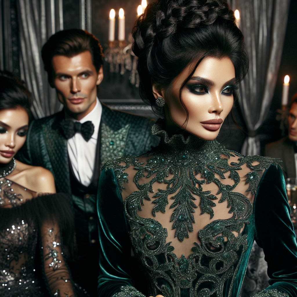 Imagine the scene at a luxurious witches ball. In the center, a South Asian woman in a sparkling emerald gown that embodies ethereal mystery, her dark hair arranged in an intricately braided updo. Another, a Caucasian woman, clad in a black velvet dress with a dramatic lace collar, like a perfect blend of elegance and intrigue. In the corner, a Middle-Eastern gentleman in a charming obsidian suit with subtle silver embroidery, a mysterious smile playing on his lips. The sight is nothing short of enchanting, as the attire of the attendees truly captures the magical ambiance of the event.