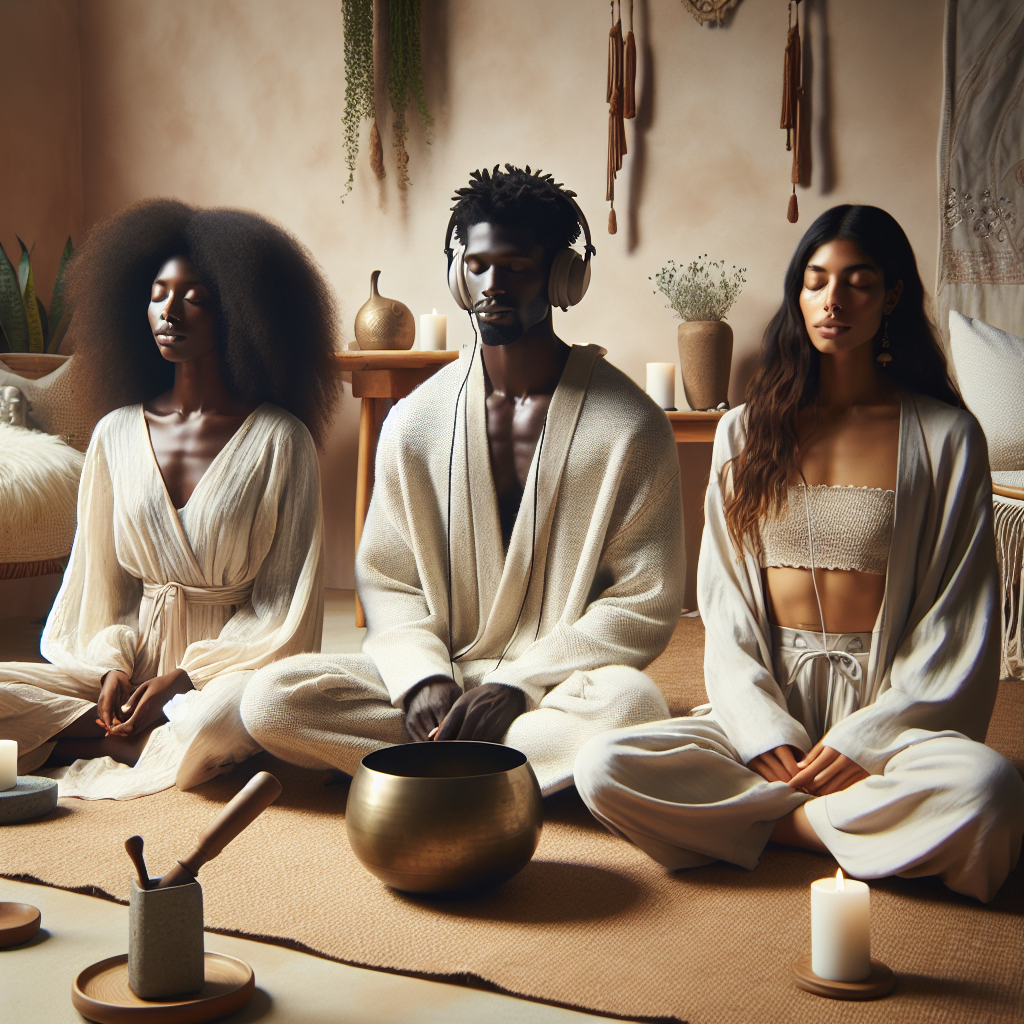 Imagine a serene scene of a sound bath meditation session. Three individuals of unique descents, a Black woman, a Middle-Eastern man, and a Hispanic woman, are comfortably dressed in stunning yet effortless style outfits suitable for meditation. Their attire is loose, layered, and light-colored, indicating comfort and freedom of movement. The room they are in emanates calmness, having soft light and decorated with soothing elements such as a singing bowl, aroma candles, and minimalist decor. There's a soft resonating hum of the sound bath accompanying the blissful quietness.