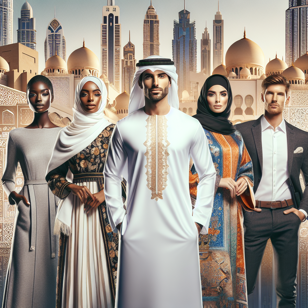 Create an image showcasing a diverse array of individuals modeling different types of traditional and modern Dubai attire. Include a Black man wearing a crisp, white kandura with gold embroidery, a South Asian woman adorned in an elegant abaya with colorful patterns, a Middle-Eastern woman in a trendy, contemporary version of the hijab, and a Caucasian man in a smart, modern business suit with a distinctive Dubai flair. Background should be a mix of both ancient and modern architectural elements, capturing the spirit and cultural richness of Dubai.