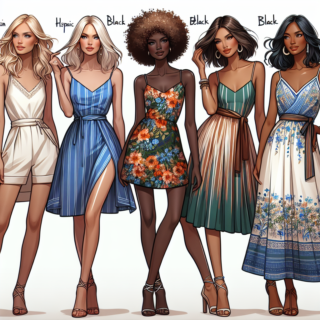 Create an image that showcases a variety of stunning sundress styles. Featuring a line-up of four women, each of different descents: a Caucasian woman, a Hispanic woman, a Black woman, and a Middle-Eastern woman, all portrayed in an elegant and fashionable manner. The first woman is embracing a minimalist style sundress, the second one is championing a bold, colorful pattern, the third woman is rocking a classic, vintage-inspired sundress, and the last woman is modeling a modern, chic sundress. These choices should embody an effortless yet chic aesthetic with attention to detail and coloring.