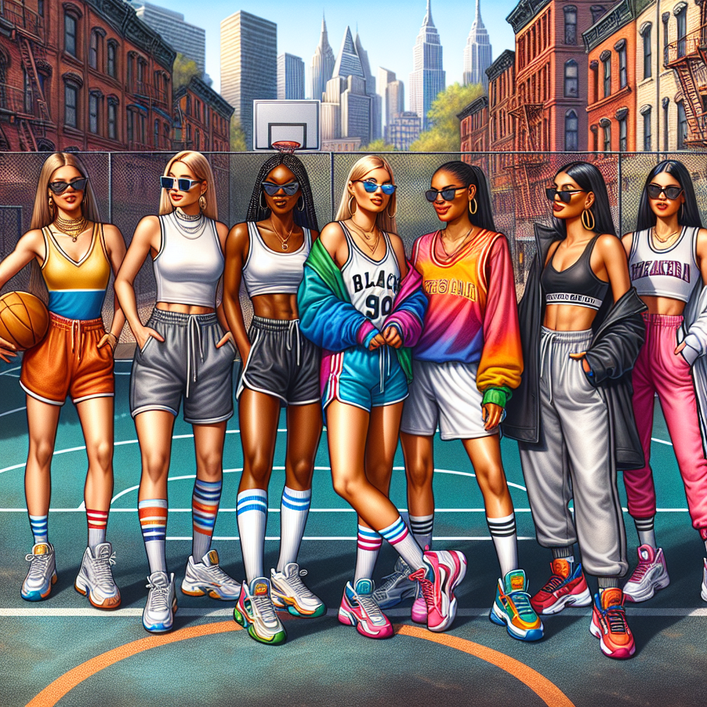 A detailed depiction of a sunny outdoor basketball court with a vibrant cityscape in the background. On the court, five women of diverse descents such as Caucasian, Hispanic, Black, Middle-Eastern, and South Asian are participating in a casual, friendly match. They are stylishly dressed in sporty, fashion-forward outfits, each accentuating their individual style. The outfits include tank tops, shorts, joggers, sports jackets, and a variety of flashy sneakers. Emphasize the contrast between the athletic sportswear and the urban setting in the background. The focus is on their attire, showing how fashionable sportswear can be worn in and out of the court.