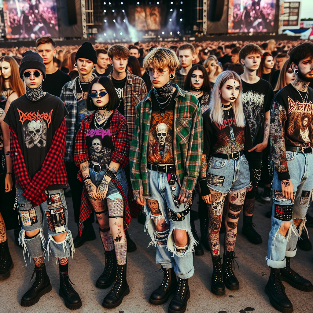 Picture an outdoor concert scene with central focus on music fans sporting stunning outfits. The crowd consists of mixed genders and diversely descended individuals. The high-energy atmosphere underscores the vibe of the event with vibrant lights and a lively stage in the background. The outfits include grunge-inspired looks&mdash;layered flannel shirts, combat boots, distressed jeans, band-themed t-shirts. Some people even have animated tattoos, complementing their piercings for a complete rock concert style. The essence of early 2000s and new metal music subculture is palpable.