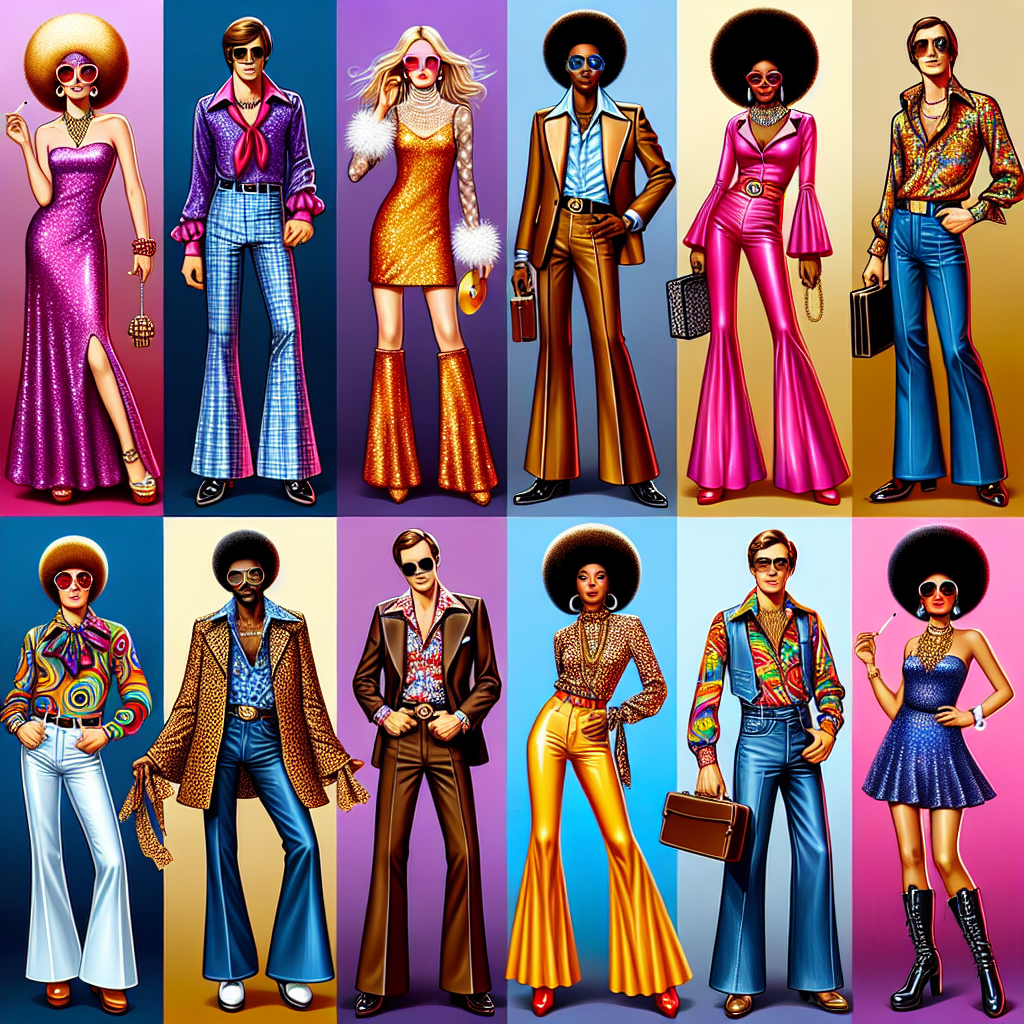 Must-Have 70s Disco Outfits: Effortless Style Showcase a variety of classic 70s disco outfits in a range of vibrant, flamboyant colors and patterns. Fabricate a montage of party-goers in their glammed-up attire, each showing off their own unique style. The primary scene will include a Caucasian woman in a dazzling sequin dress, platform shoes, oversized sunglasses and glamorous hair. A Black man in a bell-bottom suit, crisp shirt, shiny shoes, and a gold chain. A Middle-Eastern man in a psychedelic printed shirt, flared jeans, and leather boots. Lastly, a South Asian woman rocking an elegant jumpsuit, feather boa, and afro hairstyle.