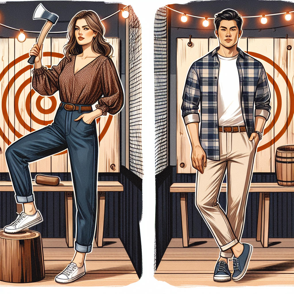 A fashion illustration depicting various tasteful date outfit inspirations for an unconventional axe throwing activity. Visualize a Caucasian woman in her mid-30s, comfortably dressed in elevated casual attire composed of dark denim jeans and an earth-toned blouse, eagerly throwing an axe at wooden bullseye. Next to her, a South Asian man in his early 40s, wearing a plaid flannel shirt paired with beige chinos, calmly waiting for his turn. The scene is set in an indoor axe-throwing range, festively lit with string fairy lights, and the vibe is relaxed and enjoyable.
