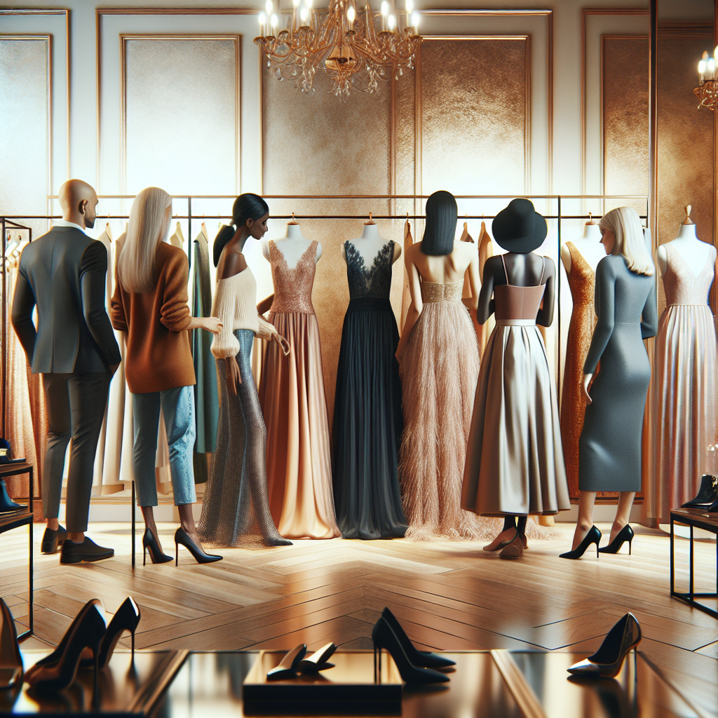 Floor-Length Dress Shoes: Stunning, Effortless Picks An elegantly sophisticated scene of a boutique featuring a selection of floor-length dresses in a variety of styles and colors. Paired with each dress are stunning, effortlessly stylish shoes. Show a mix of people of different descents such as Caucasian, Black, Hispanic, Middle-Eastern, and South Asian, all of different gender, examining the items, admiring the options and trying them on. The atmosphere should exude luxury and class, with soft, warm lights reflecting off polished wood floors and mirrors. Please do not include any recognizable brand names or logos.