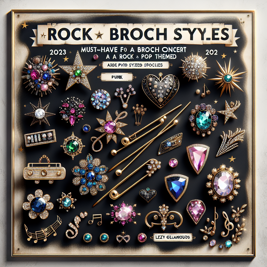 Must-Have Brooch Styles for P!nk Concert 2023 Create an image display of must-have brooch styles suitable for a rock pop concert in 2023. The display should include a variety of brooch styles, ranging from punk themed to more glitzy and glamorous pieces, each with unique designs and color schemes. Add sparkle and drama with gemstone inclusions, edgy and industrial aesthetics with metalwork, or a combination of both. The background should be filled with abstract musical notes and lyric scrolls to encapsulate the ambiance of the concert.