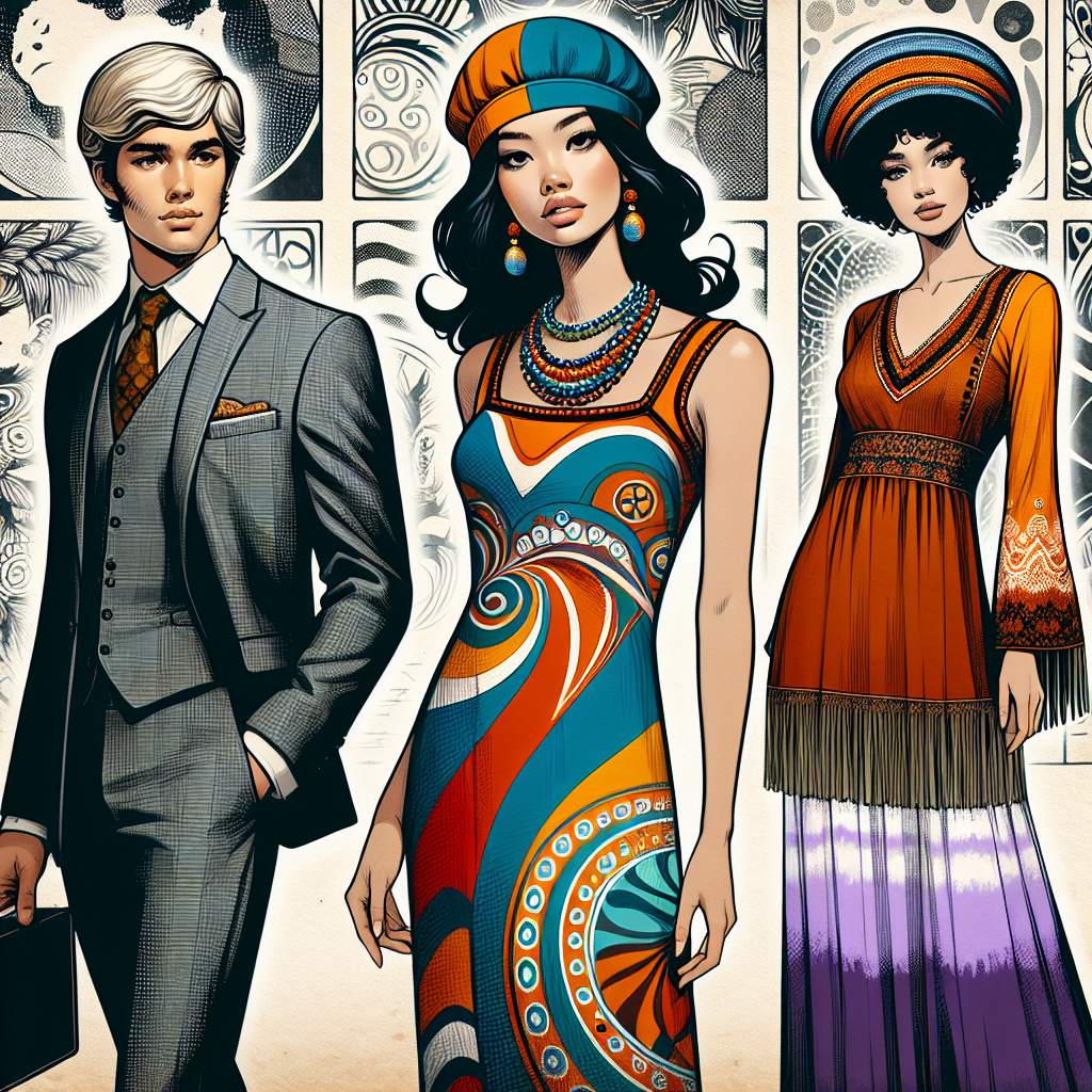 Must-Have Outfits for a 60s Party: Effortless Style! Imagine stepping back into the vibrant, dynamic 1960s, tailored with flamboyant and tranquil style. Start with a Central Asian woman elegantly dressed in a stunning shift dress, draped with chunky bead necklaces, characterized by bright, bold colors and geometric patterns. Alongside her, a Caucasian man casually dressed in a mid-60s mod suit, radiating a clean silhouette with narrow lapels, slim tie and pants. For a contrasting touch, introduce a dash of hippie influence, a Black woman wearing a tie-dye maxi dress, complete with fringe vest and a peace sign pendant. Set them against the backdrop of 60s pop art design or a musical concert to enhance the retro vibe.