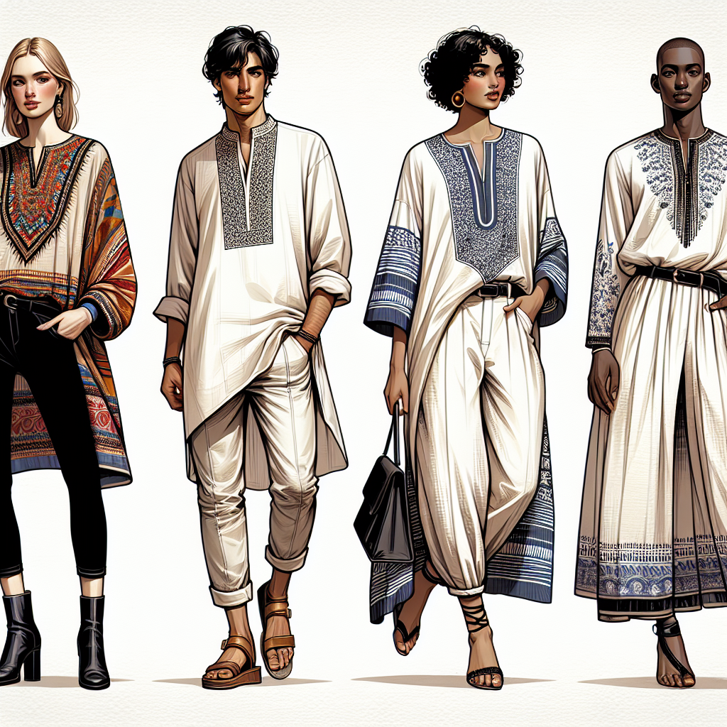 An illustrative guide showcasing four different stunning outfits to rock with a tunic top. The first outfit is a Caucasian female wearing a bold, colorful tunic top with black leggings and knee-high boots. The second imagery is a Middle-Eastern male in a simple white tunic top paired with loose linen trousers and leather sandals. The third image is a South Asian woman sporting an embroidered tunic top with pencil jeans and chic ballet flats. Lastly, a Black woman donning a fluid, abstract-patterned tunic top paired with elegant white palazzo pants and strappy heels.