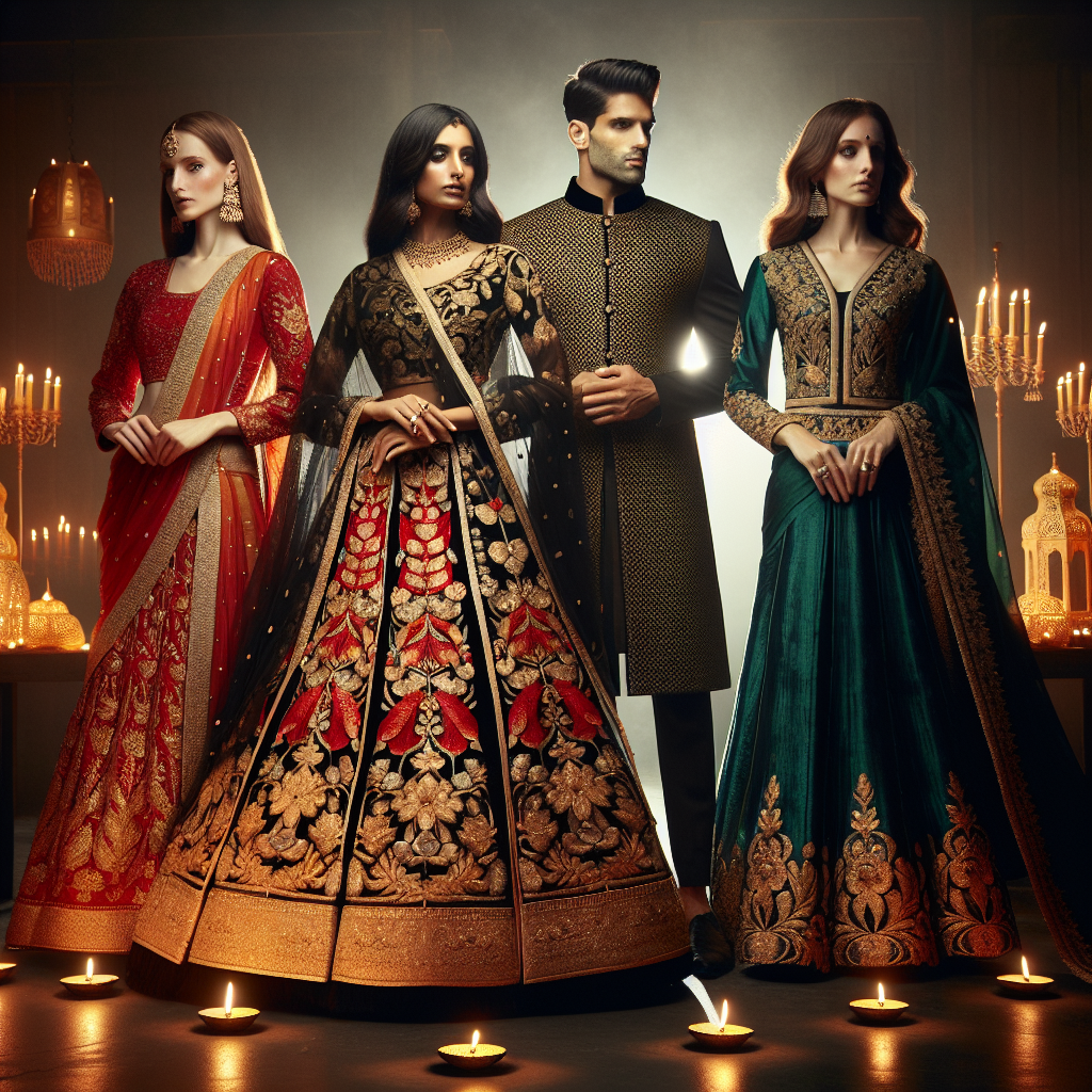 For the festival of Diwali, imagine a variety of stunning outfits that are both traditional and modern. First, picture a South Asian woman in a vibrant, gold-and-red lehenga, adorned with intricate embroidery and paired with matching jewelry. Next to her, visualize a Middle-Eastern man in a sharp, black sherwani detailed with gold motifs. Lastly, see a Caucasian woman in a sleek, emerald green saree with a contrasting black velvet blouse. All standing next to each other, celebrating the festival of lights, with the background subtly illuminated with diyas.