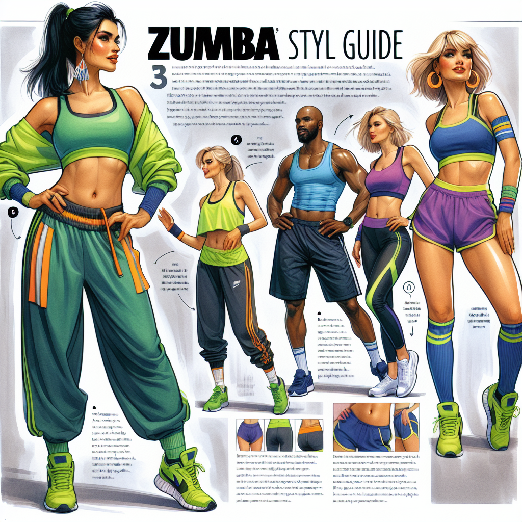 Zumba Style Guide: Effortless, Must-Have Outfits Imagine a full-page feature article showcasing a Zumba style guide. There are several sections on the page that lay out different outfit ideas for a fun and energetic Zumba session. On one section, see a South Asian woman donned in a pair of bright green loose-fitting pants with a matching racerback top, her hair tied in a high ponytail, ready to shake it out. Another section shows a Black man sporting dark blue workout shorts, a light blue tank top and a sweat band, his muscles emphasized by the good lighting. The last part presents a Caucasian woman wearing a purple and yellow combination of Zumba attire with white sneakers, her blonde hair styled in a bob. These images should exude the feeling of Zumba: being carefree, energetic, and ready to dance.