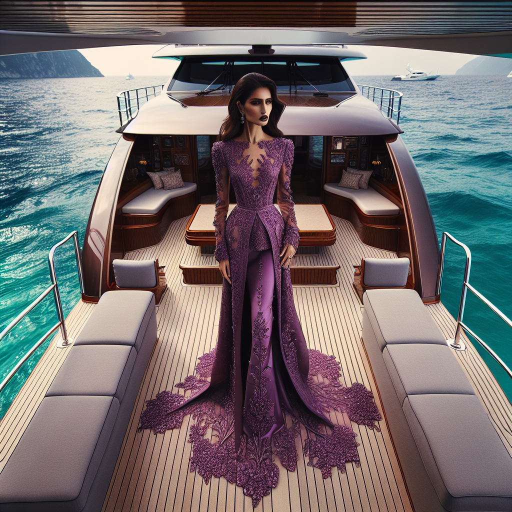 Stunning Boat Outfits: Match Her Purple Dress Effortlessly A luxurious fashion scene on a grand yacht, set against a backdrop of the lustrous, emerald sea. In the center, a South Asian woman is standing tall, displaying a flawless purple dress drawn from a blend of modern and traditional fashion elements. Her ensemble harmonizes impeccably with the subtly decorated boat. Detailed attention should be given to the texture and flow of her dress, the ornamental details on the boat, and the overall composition of the image that captures fashion, tranquility and luxury.