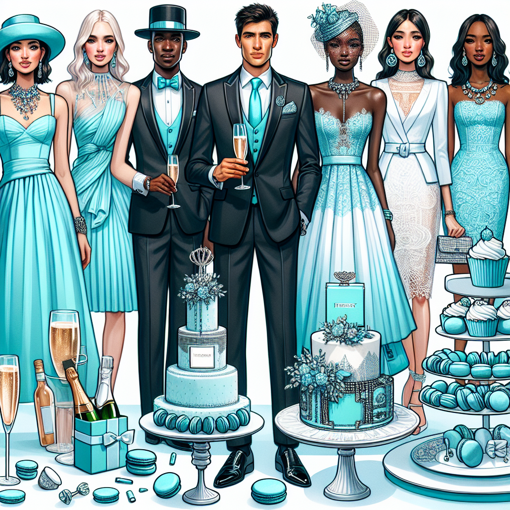 Visualize a party scene themed around the iconic Tiffany Blue color. The image should feature a group of party attendees displaying an assortment of must-have outfits for such an event. Picture a male attendee dressed in a sleek black suit with a Tiffany Blue tie and pocket square, a Caucasian woman in a stunning Tiffany Blue cocktail dress adorned with silver accessories, a Black woman elegantly dressed in a white lace dress enhanced with Tiffany Blue details, and a Middle-Eastern man in a classy white suit with a Tiffany Blue shirt beneath. Also include elements that emphasize the party atmosphere, like a bubbly Champagne tower with Tiffany Blue macarons scattered around.