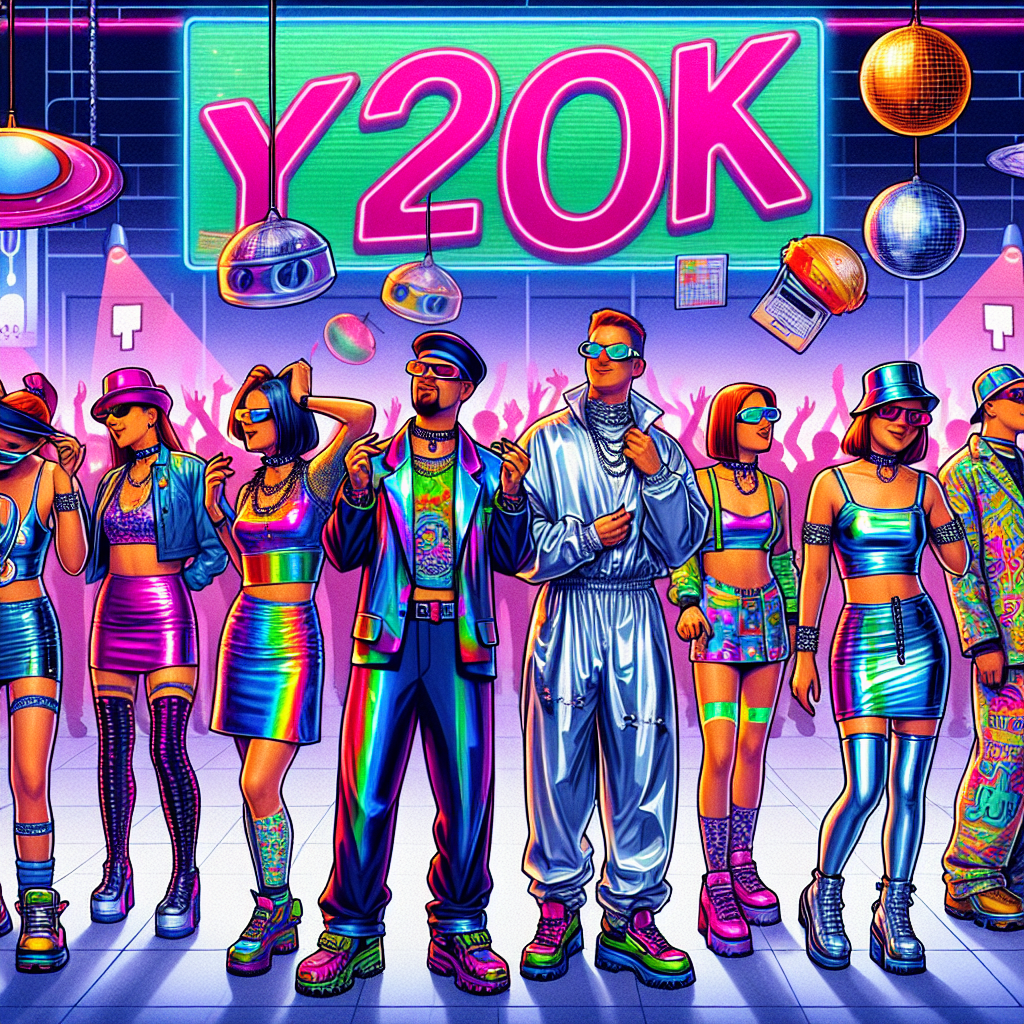 Imagine a party scene illustrating the spirit of the early 2000s, popularly known as the Y2K era. Elements include people in vibrant and reflective clothing with futuristic designs. On men, think oversized suits and shiny shirts, while on women, imagine metallic mini-skirts, halter tops, and chunky shoes. Additionally, everyone wears funky accessories like tinted sunglasses, chokers, and bucket hats. The scene denotes fun, energy, and youthful rebellion. Also, the party setting includes a dance floor, neon lights, and disc balls to further encapsulate the Y2K aesthetic.