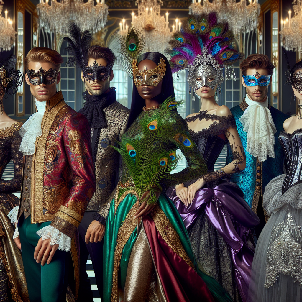 Image of a fashion showcase featuring a diverse range of individuals in stunning masquerade outfits. Include a South Asian male elegantly dressed in a gold and crimson costume with an ornate mask, a Black female adorned with a green and silver ensemble with a peacock feather mask, a Hispanic woman in a purple and black Victorian-inspired outfit with a lace mask, and a Caucasian male in a blue and white baroque outfit with a matching mask. The background should suggest a grand, luxuriously decorated ballroom with sparkling crystal chandeliers and mirror-finished marble floor.