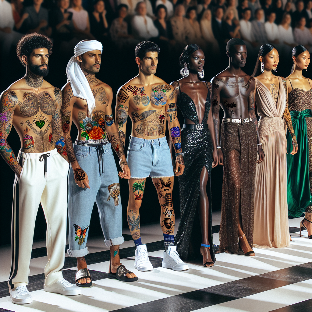 An image showcasing a variety of stylish fashion outfits that are especially designed to show off trendy hip tattoos. The outfits should range from cool beachwear to elegant evening wear. Each outfit is worn by a different person, displaying a wide range of descents and genders. A Middle-Eastern man in a hip-hugging swimsuit, a South Asian woman in a cropped top and low-rise jeans, a Black woman in a glamorous side-slit gown, a Caucasian man in low-slung shorts, and a Hispanic woman in a semi-sheer wrap skirt. All of them showcasing their unique, colorful hip tattoos. The setting is a fashion runway, with the audience and professional photography equipment in the background.