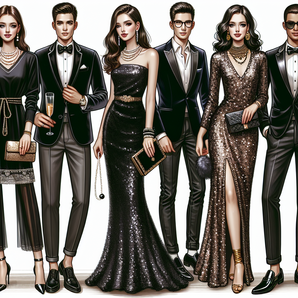 Must-Have Outfits for Your Next Cocktail Engagement Party Visualize several chic, sophisticated cocktail party outfits suitable for different weather conditions and personal style preferences. Start with a classy, timeless little black dress for a Caucasian woman, paired with a string of pearls, black stilettos and an embellished clutch. Next to her, show an Asian man in a slim-fit velvet blazer, crisp white shirt, black trousers, and suede loafers. Showcase a Middle-Eastern woman in a glamorous, floor-length sequin gown, teamed with statement jewelry and strappy golden heels. Finally, present a Black man in a sharp tuxedo with a shiny satin lapel, paired with patent leather shoes. All of them are seen mingling and enjoying the cocktail party.