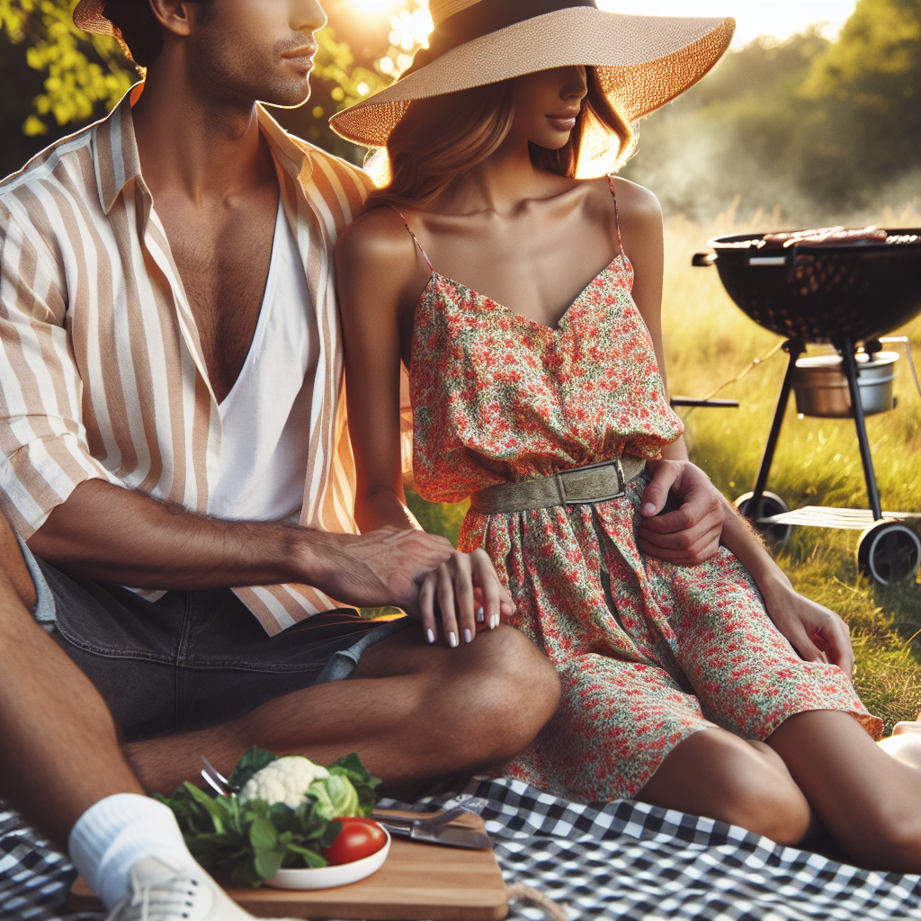 What to Wear at a BBQ: Stunning Picks for Romance Visualize a romantic and casual barbecue setting, under the warmth of a golden afternoon sun. Place a couple dressed up for their date. One partner, a South-Asian man in a breezy cotton shirt with rolled-up sleeves, paired with dark denim shorts. The other partner, a Caucasian woman in a vibrant floral sundress completed with a straw hat. In the natural background, include a grill firing up with delicious food and a checkered picnic blanket spread for two.