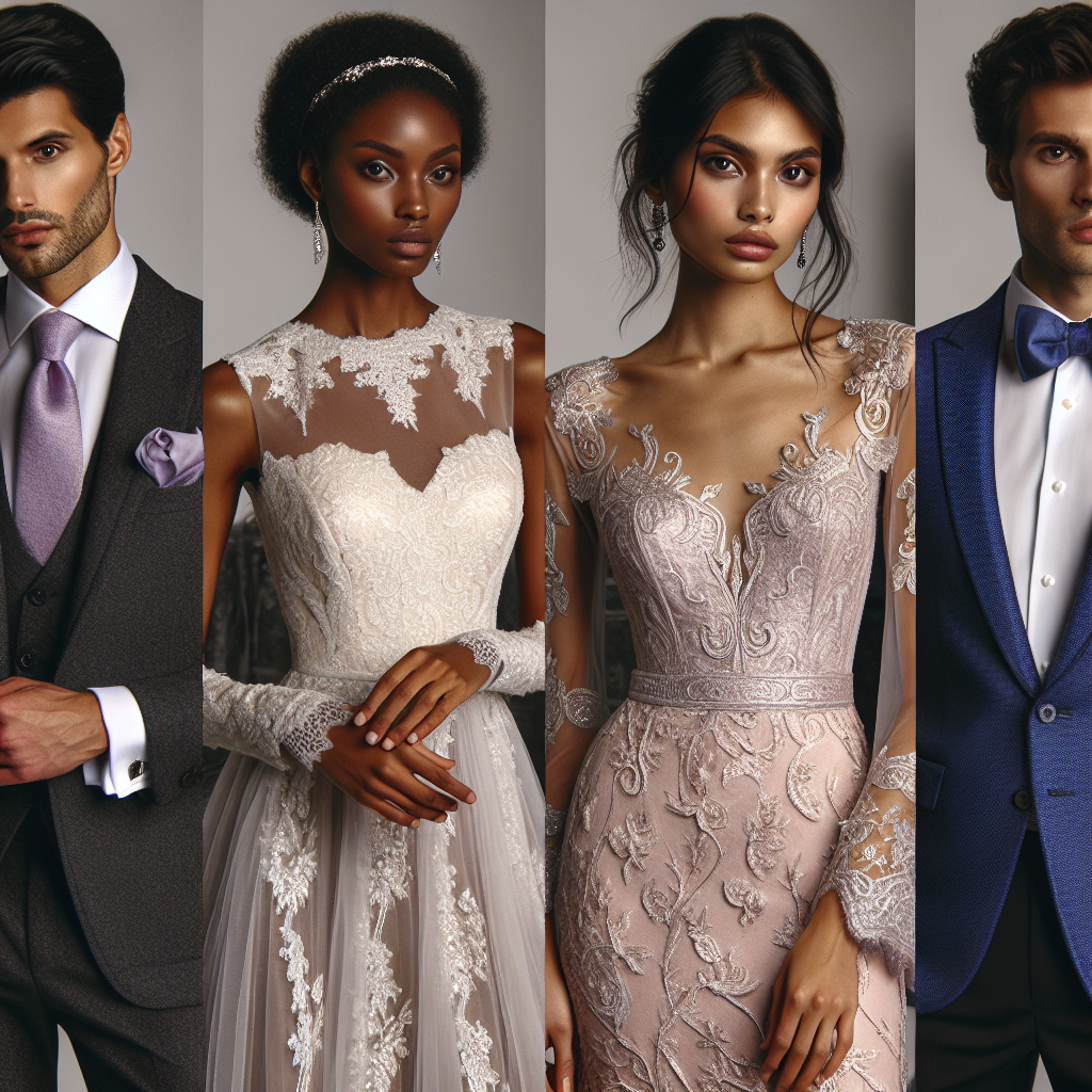 Stunning Outfits for Vow Renewals: Effortlessly Chic Imagine a scene where four people are showcasing stunning outfits for vow renewals. The first person, a Hispanic man, is dressed in a sharp charcoal grey suit with a lavender tie. The second person, a black woman, is wearing an effortlessly chic ivory lace dress with pearl accessories. The third person, a Caucasian woman, is elegantly arrayed in a blush pink long-sleeved gown with silver accents. Lastly, the fourth person, a South Asian man, is clad in a royal blue tuxedo with a bowtie. Each outfit exudes sophistication and effortless style, perfect for a vow renewal ceremony.
