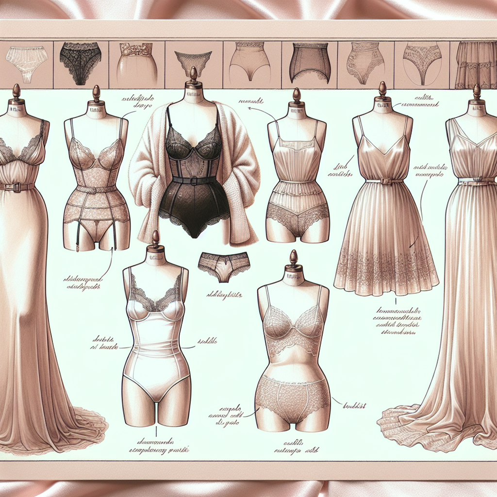 Must-Have Styles: What to Wear Under a Silk Dress An elaborate fashion illustration displaying various styles to wear underneath a silk dress. One style is a seamless, nude-colored lingerie set featuring a bra and panties. Another showcases a slimming, high-waisted black slip. A third design reveals a cream-colored bodysuit. The fourth offers a look at a white short camisole dress. Each piece is displayed on a mannequin and accompanied by a label stating its purpose and why it's perfect under a silk dress. The background is a blush-colored satin fabric that complements the elegant theme of the image. The art style is inspired by haute couture sketches of the late 19th century.