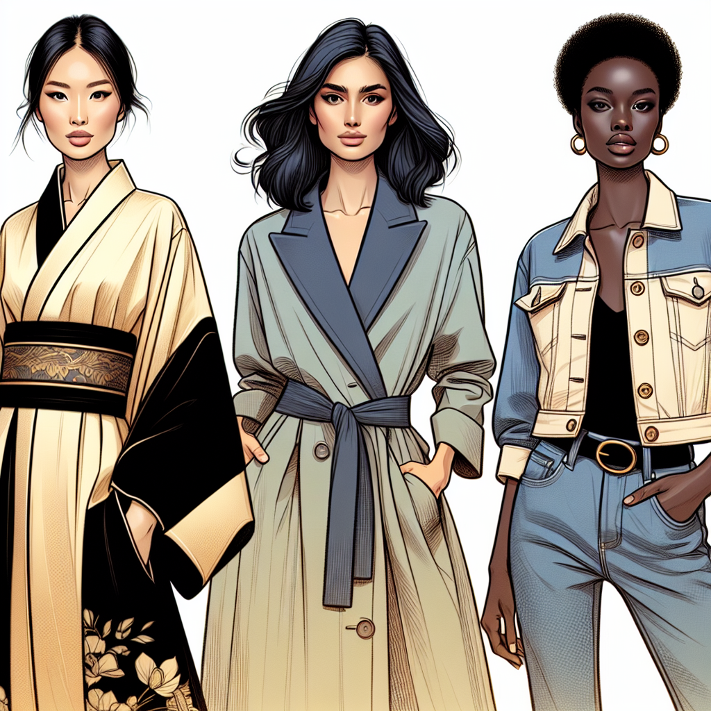 Design an image showcasing various alternatives to blazers for women. On the far left, depict a South Asian woman in a polished silk kimono. In the center, illustrate a Middle-Eastern woman draped in a refined, tailored trench coat. On the far right, portray a Black woman wearing a stylish denim jacket. Let color, fabrics, and designs come through, emphasizing the elegance and diversity of individual styles. Each woman should be confident and radiant, embodying empowerment and personal expression through fashion.