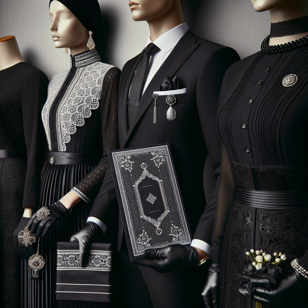 A carefully curated guide to elegant funeral attire displayed in a tasteful manner. The guide showcases an array of clothing typically suitable for memorial services. This includes a black mourning dress embellished with white lacing worn by a Middle-Eastern woman, a sophisticated black suit adorned with a silver brooch worn by a Caucasian man, and a dark, tasteful saree worn by a South Asian woman. Subtle accessories like pearl earrings or pocket squares complement the overall look, while black-gloved hands holding a folded funeral program serve as key elements to the guide.