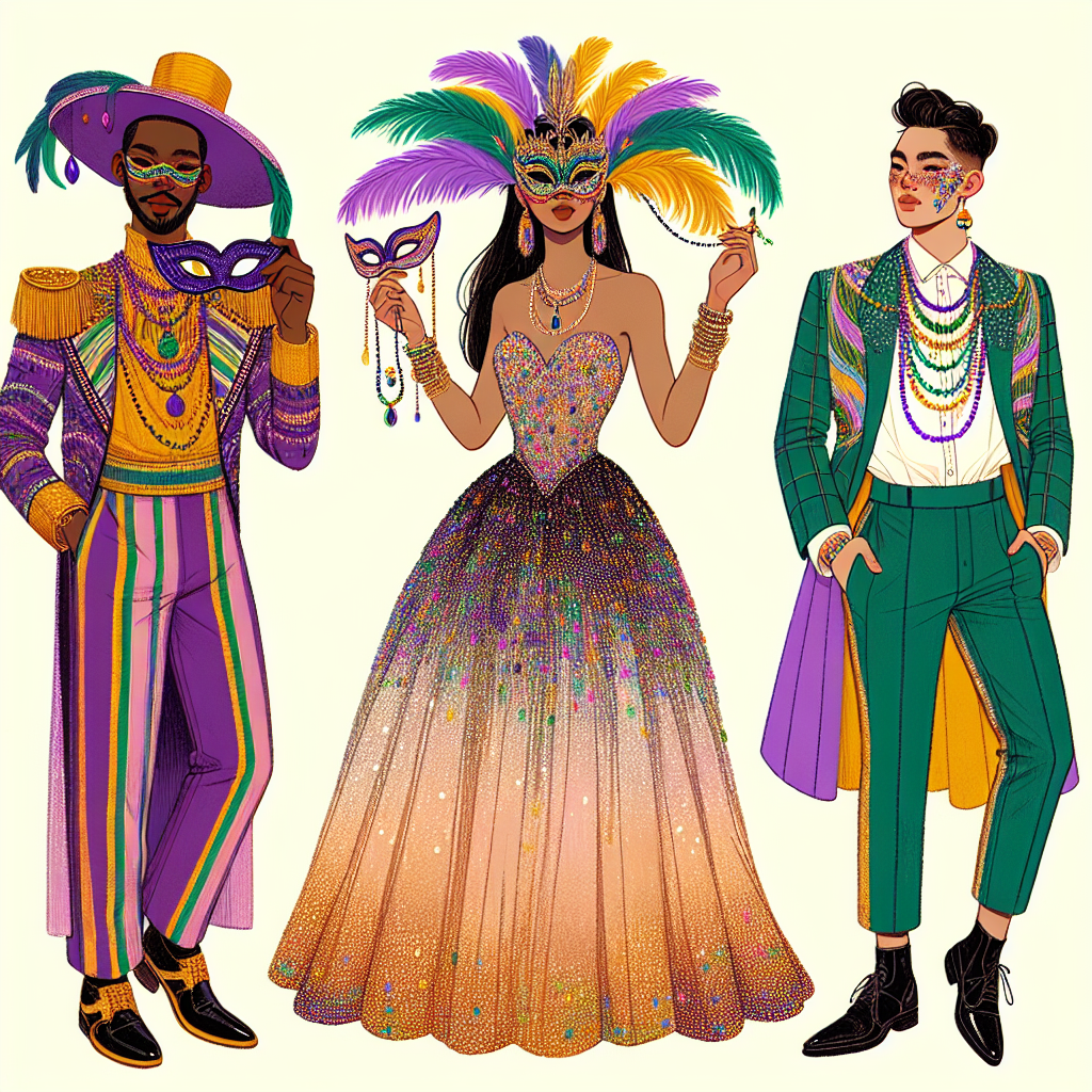 Mardi Gras Outfits: Stunning Choices for Every Style Drawing inspiration from the vibrant celebrations of Mardi Gras, imagine three individuals showcasing their unique style. The first person, a Hispanic man, is showcasing bold colors with a feather headdress and mask. The second person, a South Asian woman, brings a modern twist to traditional attire with a sequined gown paired with a colorful bead necklace. Lastly, a Middle-Eastern non-binary individual presents a stylish suit with a twist by embracing the Mardi Gras colors of purple, green, and gold. These outfits express the diversity and creativity that Mardi Gras invites.