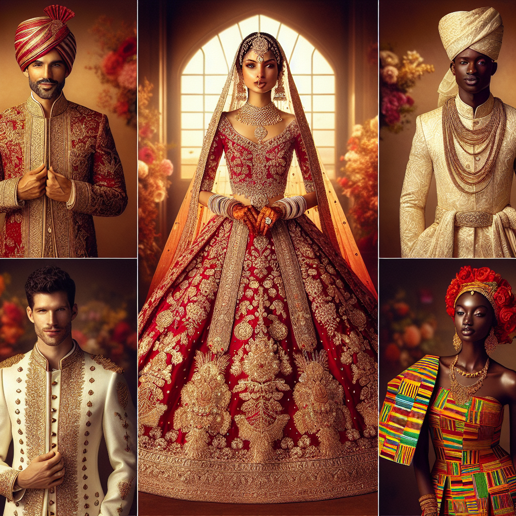 Picture this: A breathtaking collection of traditional wedding outfits from various cultures. In the center, a gorgeous Indian bride in a richly embroidered deep-red Lehenga, a South Asian man in golden Sherwani complementing her. To the left, a Hispanic woman dressed in a beautifully decorated white mantilla and a Hispanic man in a traditional Charro suit. To the right, a Black woman in a Kente cloth gown and a Black man in an Agbada. Each outfit must glow with rich cultural heritage, intricate details, vibrant colors, and the warmth of matrimonial joy.