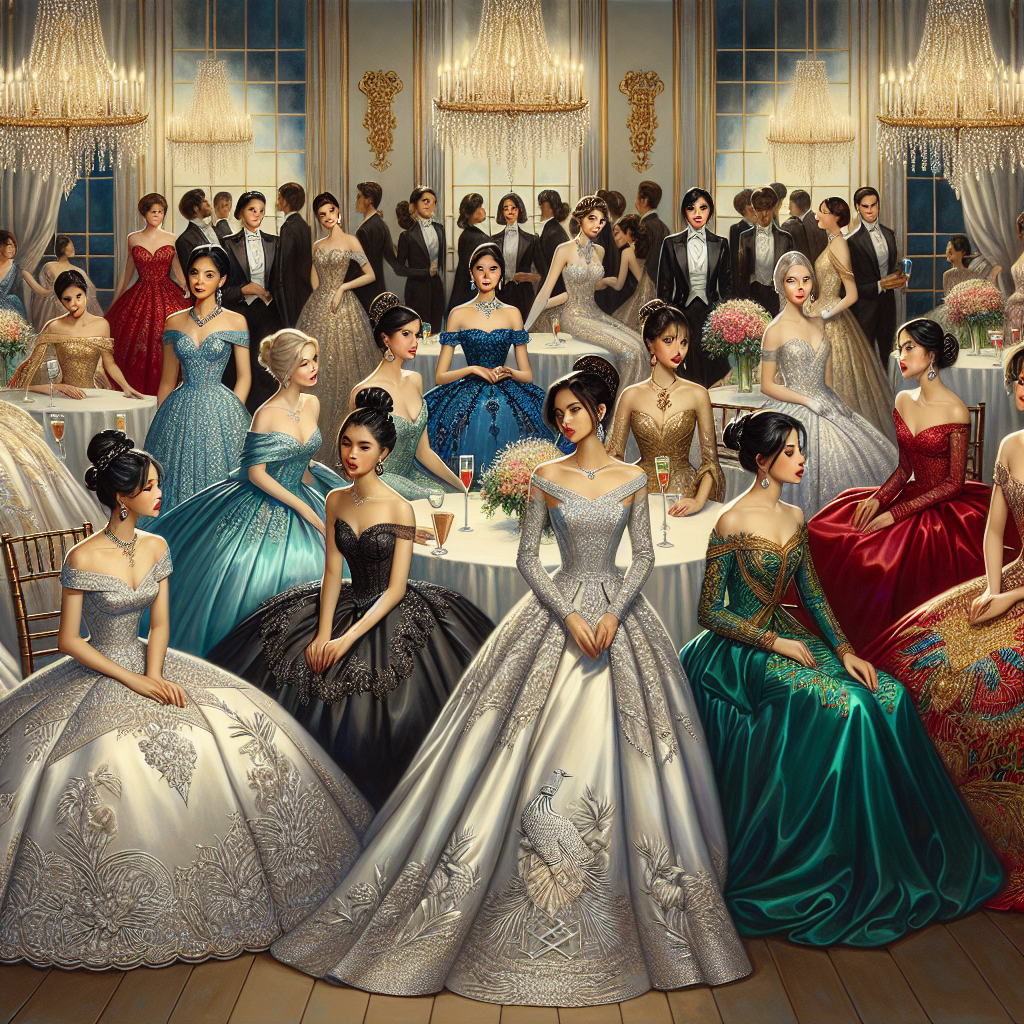 Paint a picture of a grand ballroom filled with diverse group of debutantes. A Black debutante is wearing an opulent, ice-blue satin dress adorned with intricate silver embroidery. A Hispanic debutante in a crimson silk, off-shoulder gown, with a trail of ruby embellishments trailing down to her feet. An East Asian debutante in a gold tulle gown with a unique peacock feather-inspired train. A Middle-eastern debutante in an emerald green silk dress, adorned with delicate golden stringwork. All of them are elegantly coiffed and accessorized, epitomizing grace and glamour. Lots of chandeliers, champagne glasses and beautiful flowers around. This scene is a nod to classical womanhood and high society.