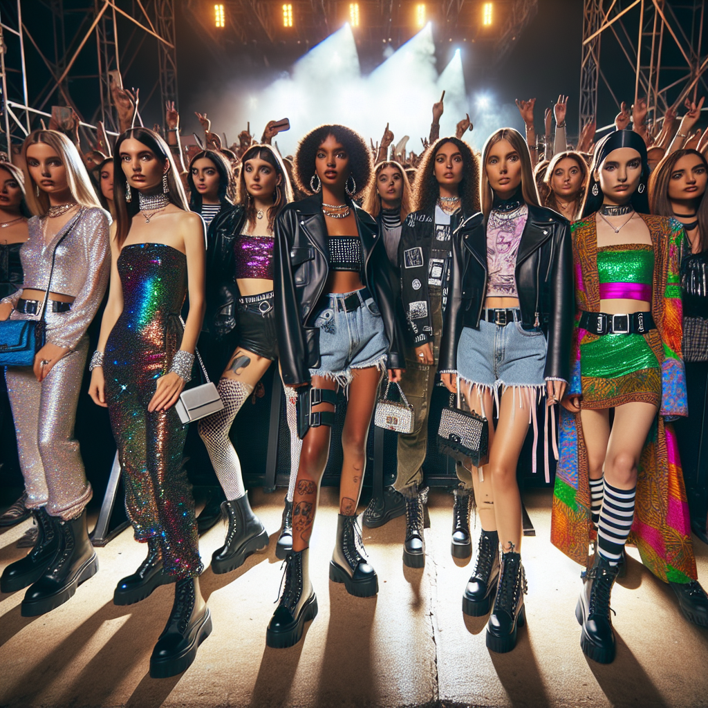 Picture a crowd of fashion-forward individuals attending a musical concert setting. Visualize a variety of stunning outfits: sparkly jumpsuits worn by Caucasians, leather jackets and neon accessories on South Asians, chic crop tops and wide-leg jeans for Hispanic individuals, edgy black dresses paired with combat boots on Middle-Eastern attendees, and vibrantly-patterned outfits on Black individuals. Remember the setting is a night-time concert with bright, colorful stage lights illuminating the excited crowd.