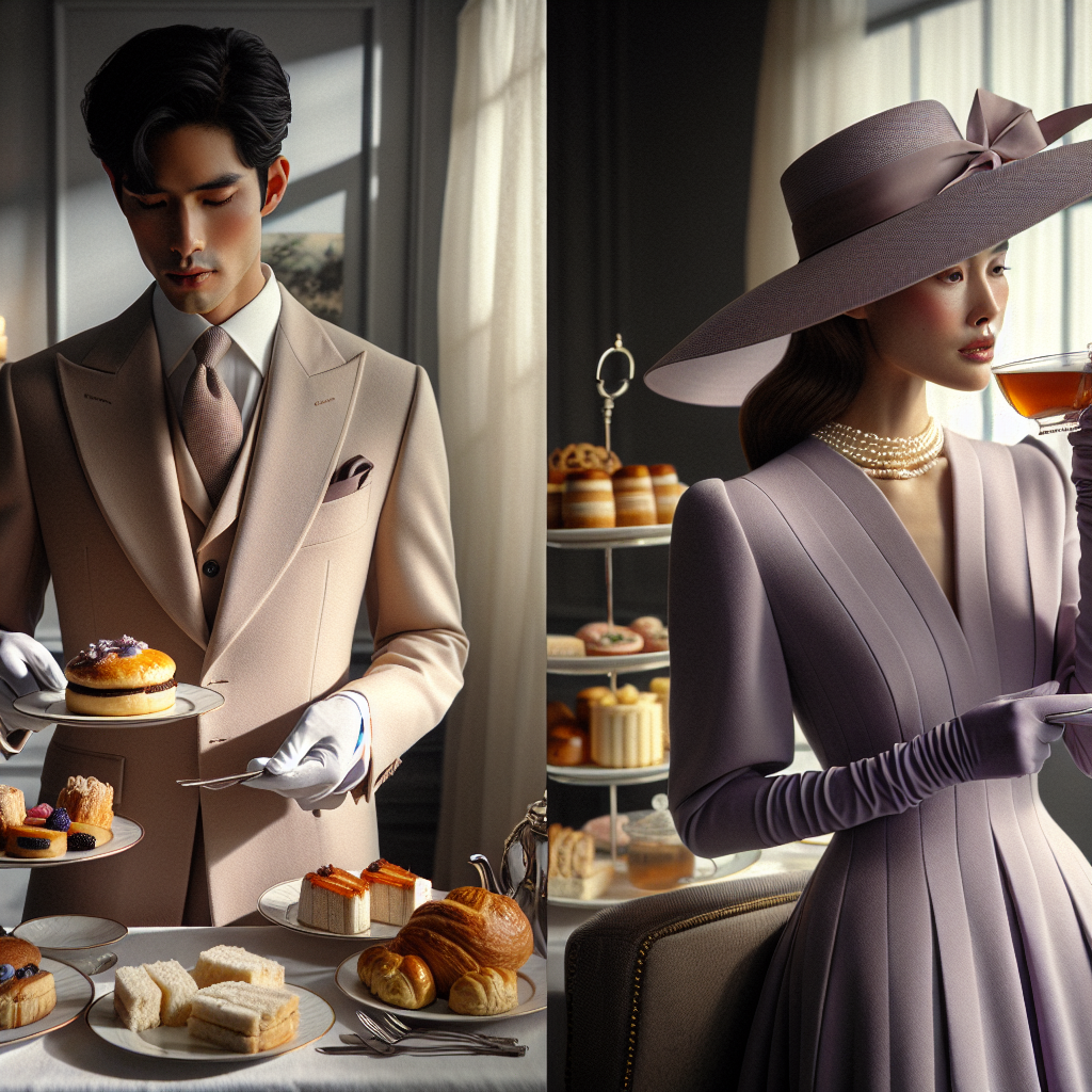 What to Wear to a Tea Party: Effortless, Stunning Picks Visualize a sumptuous high tea event. On the left, an East Asian man in a beautifully tailored, elegant pastel beige suit, selecting delicious treats from a table laden with scones, pastries, and finger sandwiches. To the right, a Caucasian woman gracefully sips her tea, adorned in a chic tea-length frock in a shade of soft lavender, complemented by a stylish wide-brimmed hat, with delicate gloves and pearls. The scene conveys the simplicity and charm of an afternoon tea party, focusing on timeless, elegant attire.