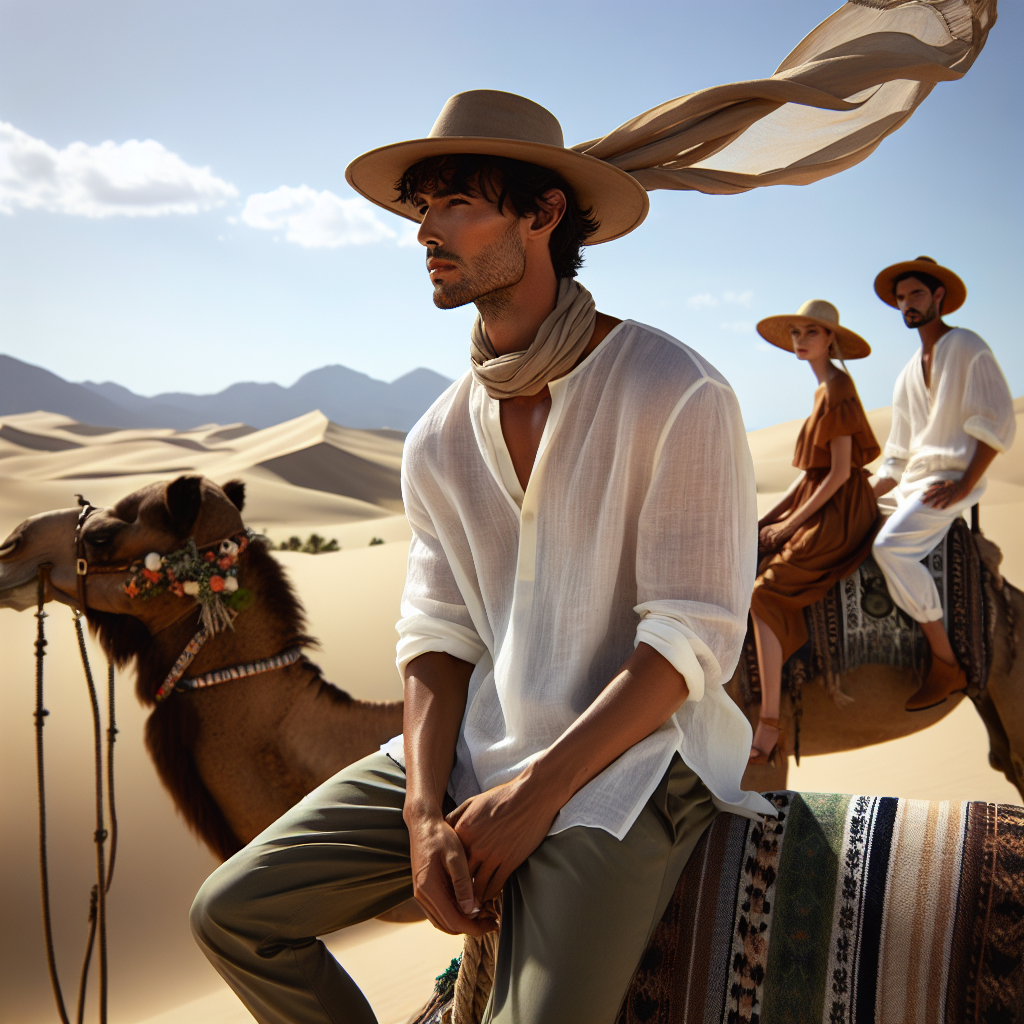 A fashion exhibition in a desert near Cabo. In the foreground, a South Asian man in casual contemporary clothing is sitting on a decorated camel. He's sporting a white, loose, long-sleeve shirt, a beige scarf flying in the breeze, and khaki pants. In the middle ground, a Caucasian woman is dressed in a casual yet stylish outfit suitable for a camel ride. She's wearing a lightweight dress in earth tones, a straw hat for sun protection and brown ankle boots. The background is a picturesque dune landscape under a clear blue sky.