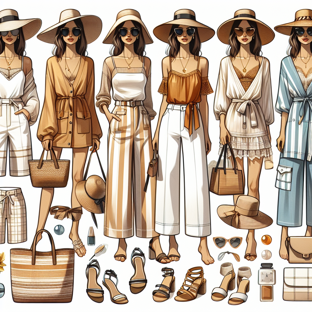 Create an image featuring a collection of fashionable resort outfits that portray effortless chicness. The outfits should include a range of different styles suitable for various holiday activities, including lounging by the pool, dining at a fancy restaurant, taking a stroll along the beach, and exploring local attractions. The outfits should display stylish and calming colour palettes, lightweight materials, and clever layering, demonstrating the endless combinations one can create for a fashionable resort getaway. Include details such as wide-brimmed hats, sunglasses, strappy sandals, tote bags, and statement jewelry as important accessories to complete the looks.