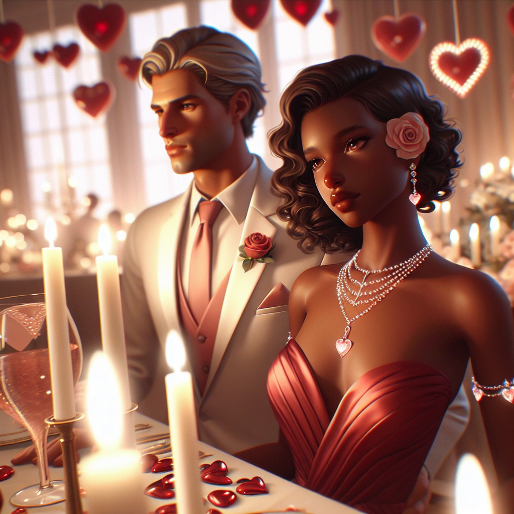 Imagine a beautiful scene of a Valentine's Day wedding. Visualize a couple, a Caucasian man and a Black woman, both elegantly dressed. The man is wearing a classic white tuxedo with a pink tie and a rose corsage. The woman is adorned in a sophisticated red dress with a sweetheart neckline, complemented by a glass bead necklace. Intricate heart motifs are scattered across the wedding venue, subtly hinting at the Valentine theme. Soft, romantic candlelight bathes everything in a warm, inviting glow. The atmosphere symbolizes love in the air and the promise of a shared future.