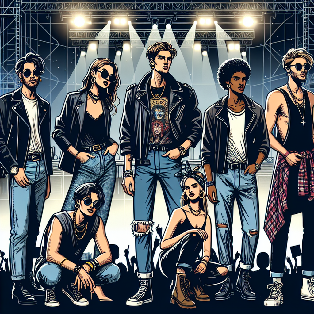 What to Wear to a Creed Concert: Effortless Style Tips Visualize a stylish audience at a rock concert in the outdoors during the night. Focus on depicting a diverse collection of individuals showcasing effortless style tips suitable for a concert scenario. In the scene, include a South Asian woman in a casual black leather jacket and blue denim jeans, a Hispanic man wearing a vintage band t-shirt accessorized with a long chain necklace, a Black woman layering a flannel shirt over a tank top, a Middle-Eastern man donning a cool graphic tee with ripped jeans, and a Caucasian woman stylishly rocking a concert look with a classy black dress paired with a denim jacket. In the background, incorporate minimal concert stage elements like floodlights and sound equipment.