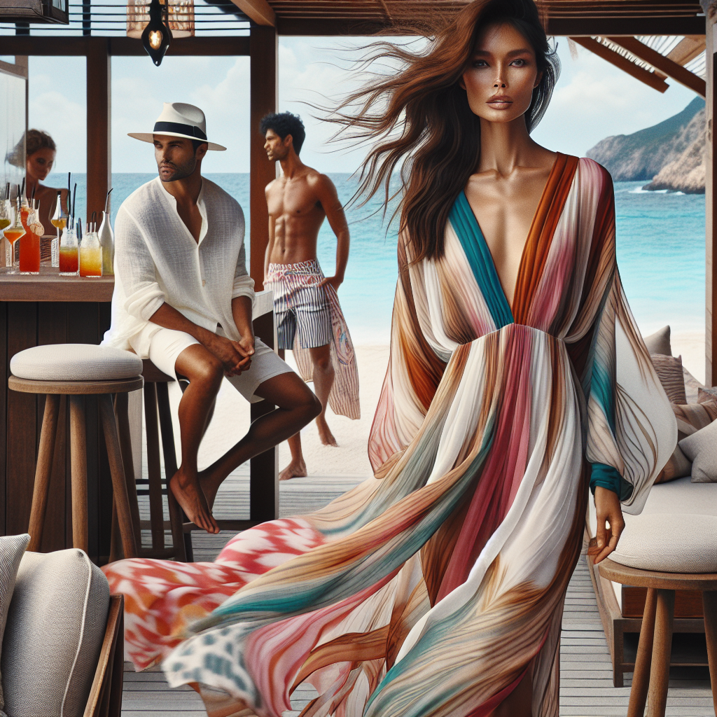 A fashion image depicting a scene at a luxurious beach resort. In the foreground, a South Asian woman is seen in an elegant, breezy multi-colored kaftan that beautifully rustling in the seaside wind. Behind her, a Middle-Eastern man is relaxing in a stylish white linen shirt paired with pastel shorts, a Panama hat on his head. Further back, a Caucasian woman wearing a vibrant, flowy maxi dress is walking towards the bar, while a Black man in a trendy sleeveless shirt and striped board shorts observes the scenes unfolding. The ambiance waves a feeling of effortlessness and elegance, portraying a picture of comfortable and stylish resort wear.