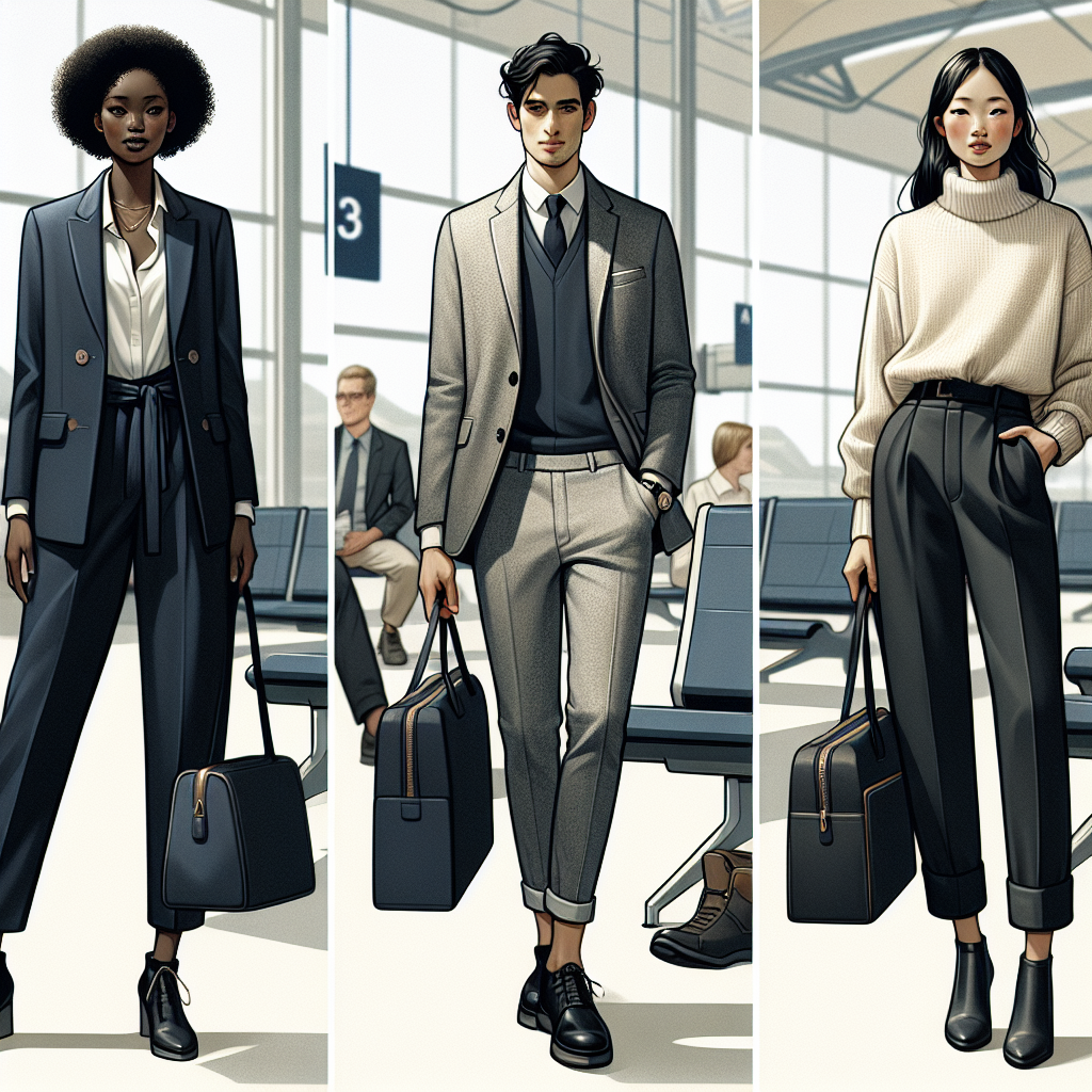 Global Entry Interview Outfit: Effortless, Must-Have Looks Illustration of three individuals in a contemporary airport setting, each prepared for a global entry interview in unique, effortlessly stylish ensembles. The first person, a Black female, is wearing a smart navy blue pantsuit with a crisp white shirt. The second individual, a Hispanic male, is dressed in a relaxed but chic grey blazer and black jeans combination. The third figure, an Asian female, has opted for a comfortable and classy ensemble consisting of a cream-colored cashmere sweater and black tapered trousers. Each one carrying a sleek, professional bag that complements their outfit.