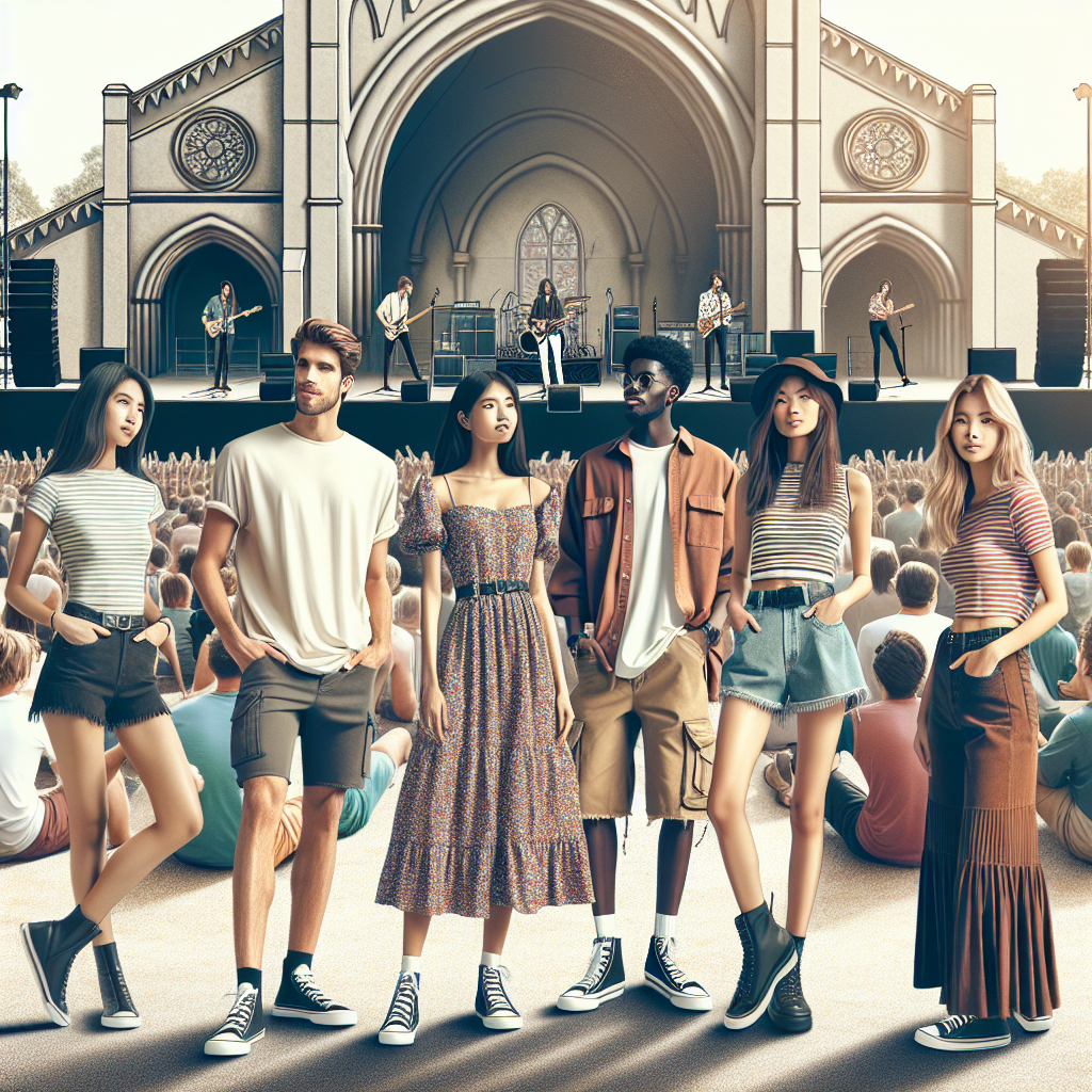 What to Wear to a Christian Concert: Effortless Style Tips Picture a dynamic and illustrative scene set at a Christian concert. Show diverse crowd of people displaying effortless style. Include a variety of elements such as a white male in a smart-casual look with a comfortable pair of jeans and a neatly pressed shirt, a Hispanic woman in a stylish set of summer dress paired with fashionable sandals, a black man in a trendy t-shirt with interesting graphic prints matched with cargo shorts and high-top sneakers and an Asian woman in a chic outfit, consisting of a stylish top, a flared skirt and cool ankle boots. All of them are enjoying and radiating positive vibes in the ambiance of a daytime open-air concert. In the back drop, show a stage with the band performing, pre-1912 church-style arches and stain glass decoration, emphasizing the Christian theme.