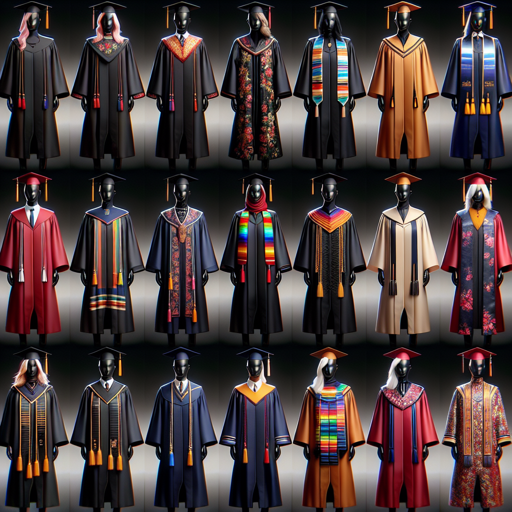 Generate an image showcasing multiple under graduation gowns in different 'must-have' styles. Display a collection of several designs, including classic black, vibrant hues, and elegant patterns, crafted with fine materials like silk or matte finish fabric. Integrate unique elements such as diverse cap decorations, tassels or cords, and customized stoles. Each gown should be showcased on a mannequin, and each mannequin should be representative of different descents and genders: Caucasian female, Black male, Hispanic female, Middle-Eastern male, South Asian female, and White male. Capture a balance of tradition and personal expression in this dynamic visual.
